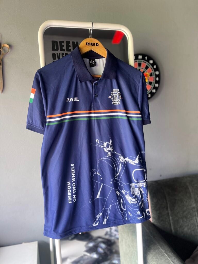 Navy sublimation polo T-shirt with tricolour detail – Rigid Sportswear