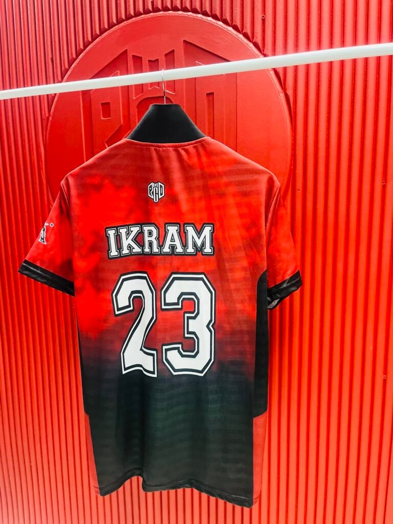 Red and black jersey with player name and number – Rigid Sportswear