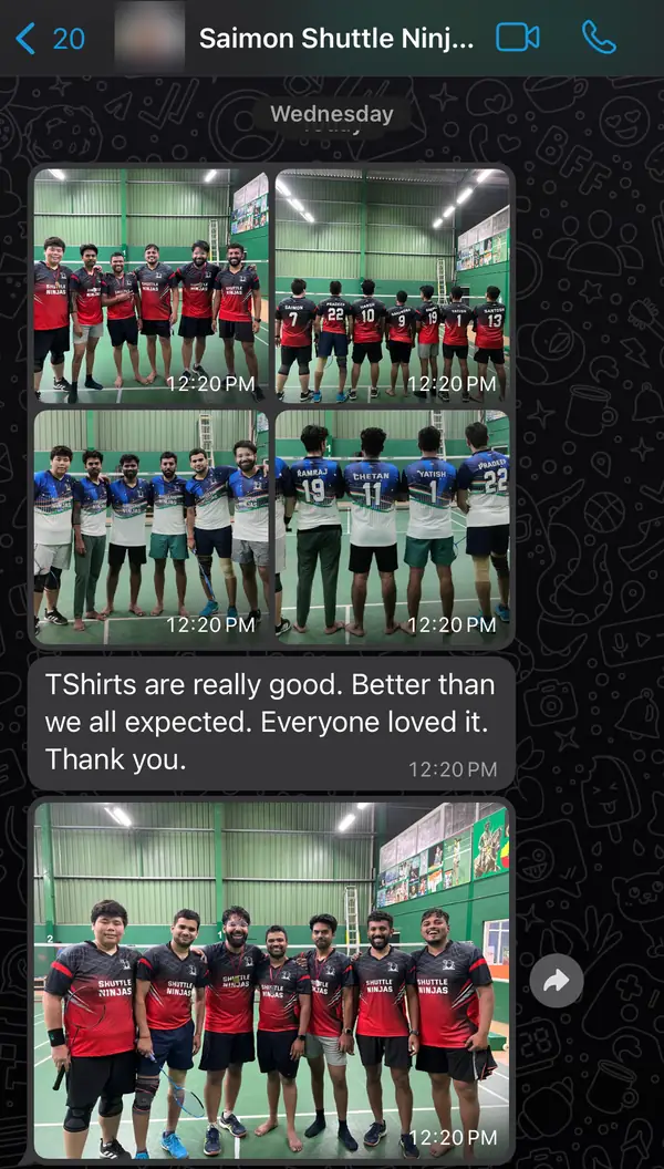 Rigid Sportswear Trust Kit review: WhatsApp message from Shuttle Ninjas badminton team with photos of their jerseys