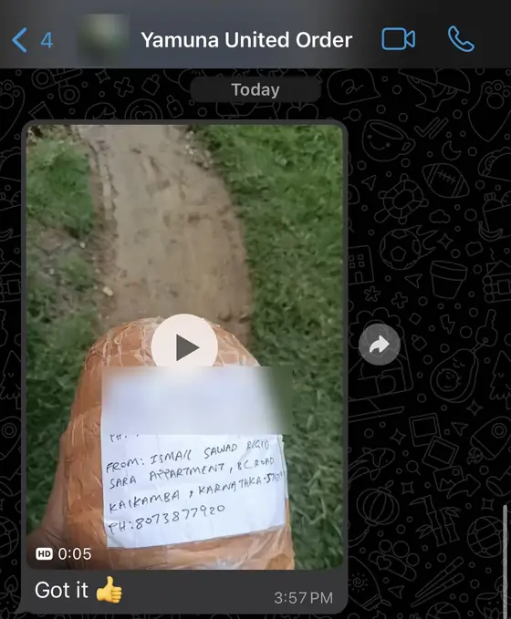 WhatsApp video from Yamuna United showing their parcel received