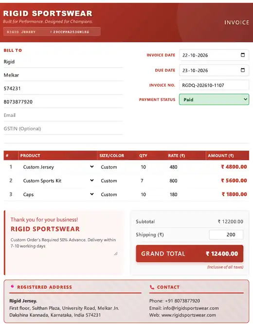 Sample Rigid Sportswear quotation with GSTIN, item details and payment terms